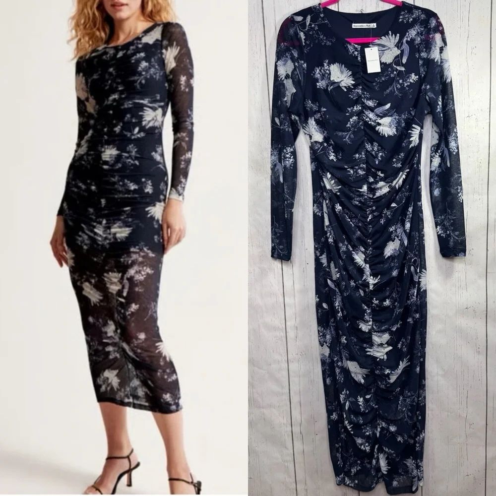Abercrombie & Fitch Floral Ruched Mesh Blue Midi Dress L Elegant Cottagecore NWT